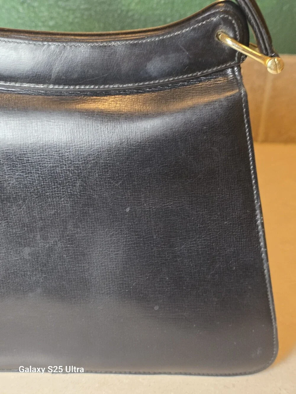 Vintage Black Leather Kelly Style Top Handle Bag Clasp Satchel